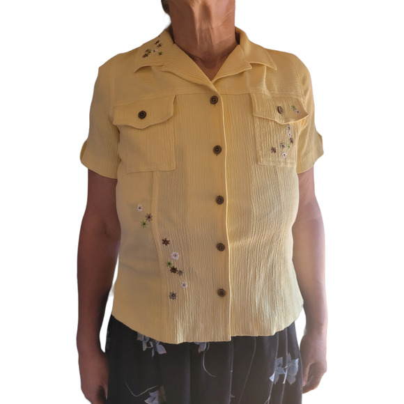 Koret Tops - KORET Women's Yellow Crepe Paper Textured Floral Embroidered Beaded Shirt Sz. PS